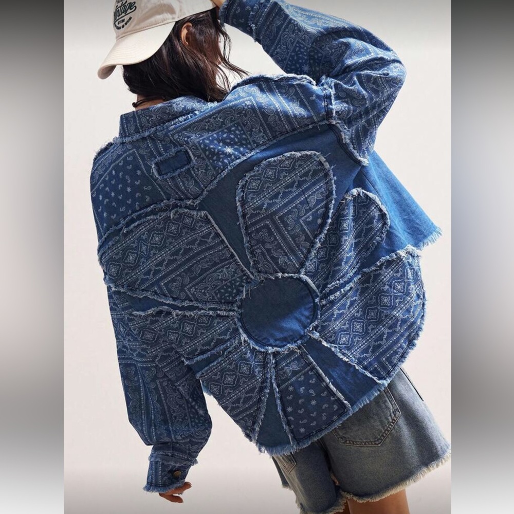 Flower patchwork distressed print big floral Blue… - image 6